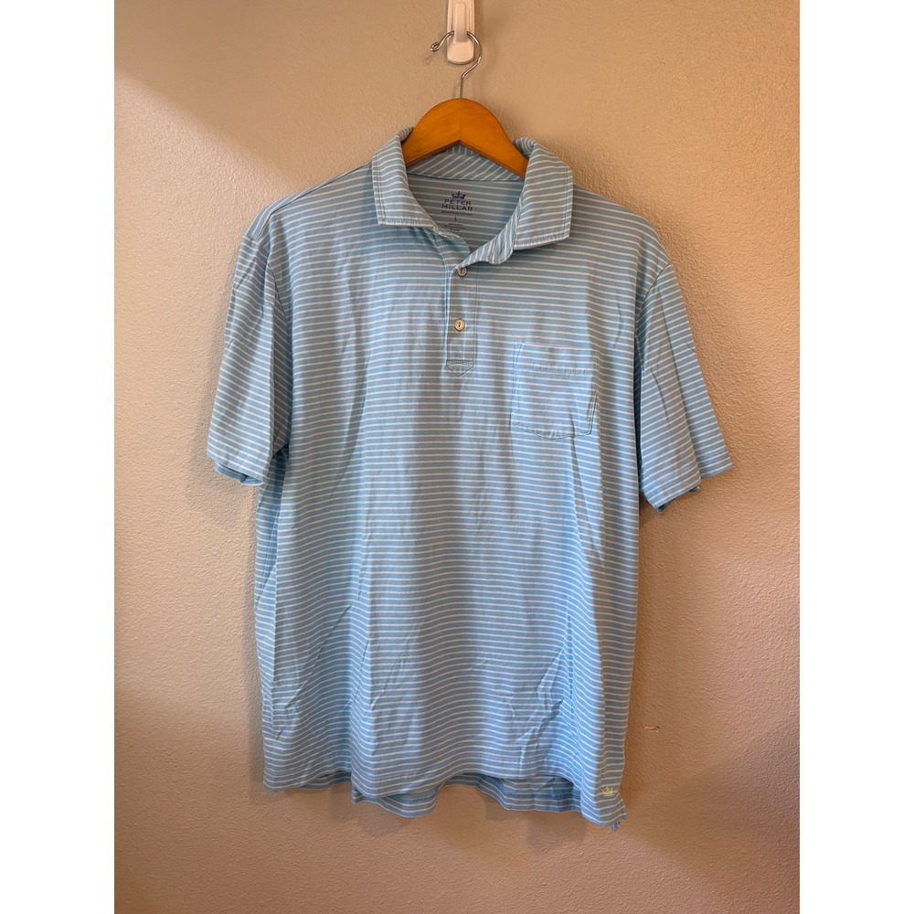 Peter Millar Polo Shirt Men Large Blue Striped Mountainside Collection SLO CC